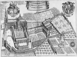 Inngravert tallerken fra 1600-tallet som representerer klosteret Saint-Denis i Frankrike, i boken Monasticon Gallicanum